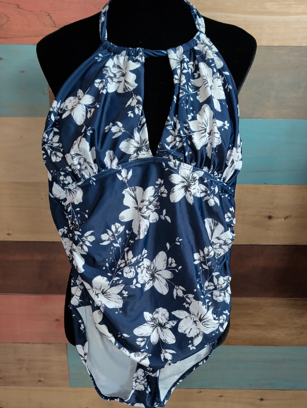 Navy Floral Halter One-Piece Swimsuit